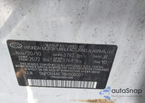 2011 Hyundai Elantra Gls z USA, uszkodzony, nr VIN 5NPDH4AE7BH006007